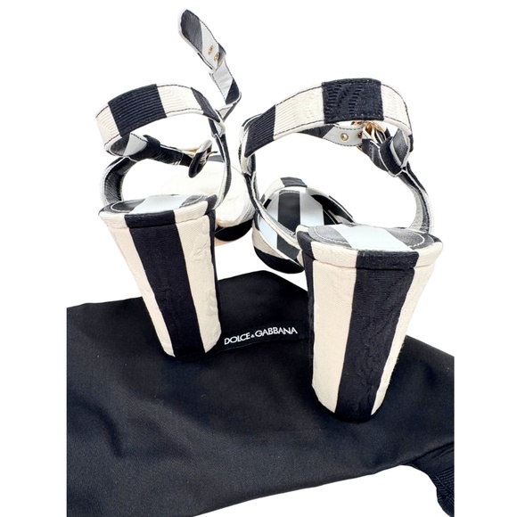 Dolce & Gabbana Peep Toe B/W Striped Brocade Fabric Sandals - Picture 13 of 13